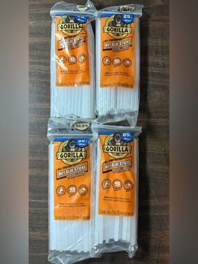 (4) Gorilla Hot Glue Sticks, Mini Size, 8" Long x .27" Dia, 25 Count Clear New